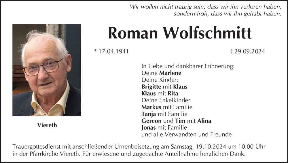  Traueranzeige für Roman Wolfschmitt vom 12.10.2024 aus MGO