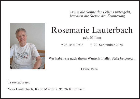 Anzeige von Rosemarie Lauterbach von MGO
