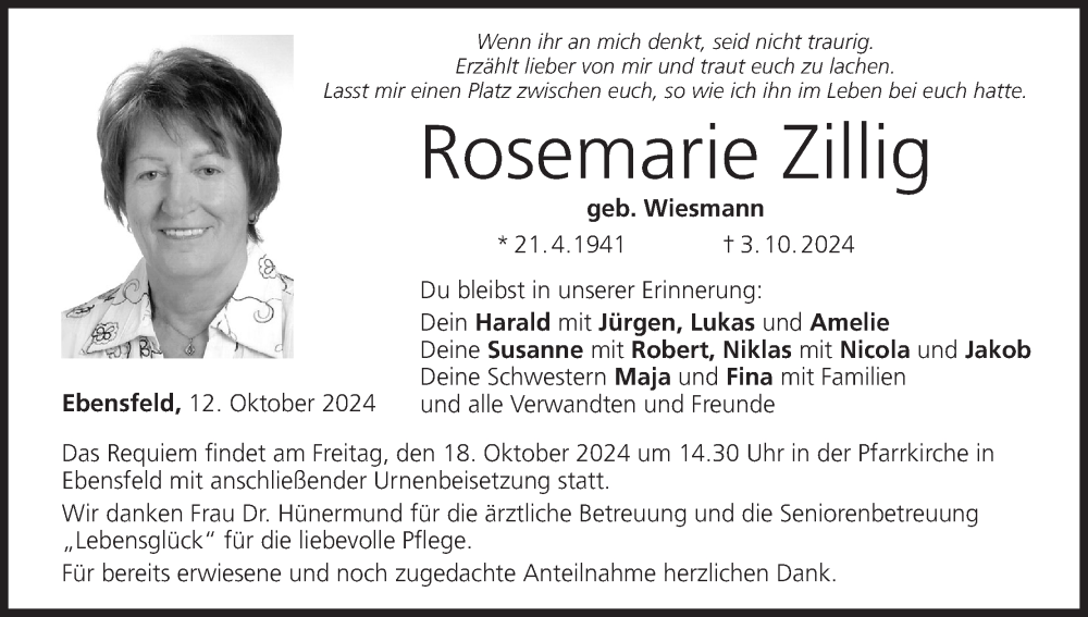  Traueranzeige für Rosemarie Zillig vom 12.10.2024 aus MGO