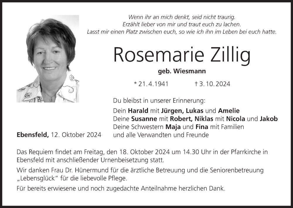  Traueranzeige für Rosemarie Zillig vom 12.10.2024 aus MGO