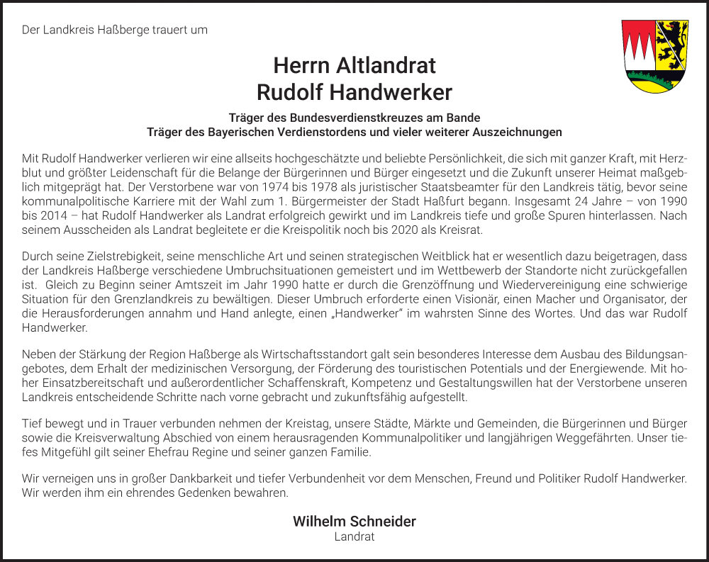  Traueranzeige für Rudolf Handwerker vom 22.10.2024 aus MGO