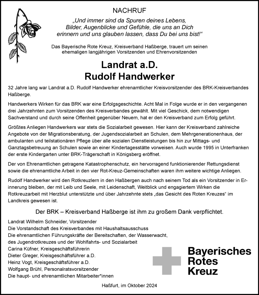  Traueranzeige für Rudolf Handwerker vom 25.10.2024 aus MGO