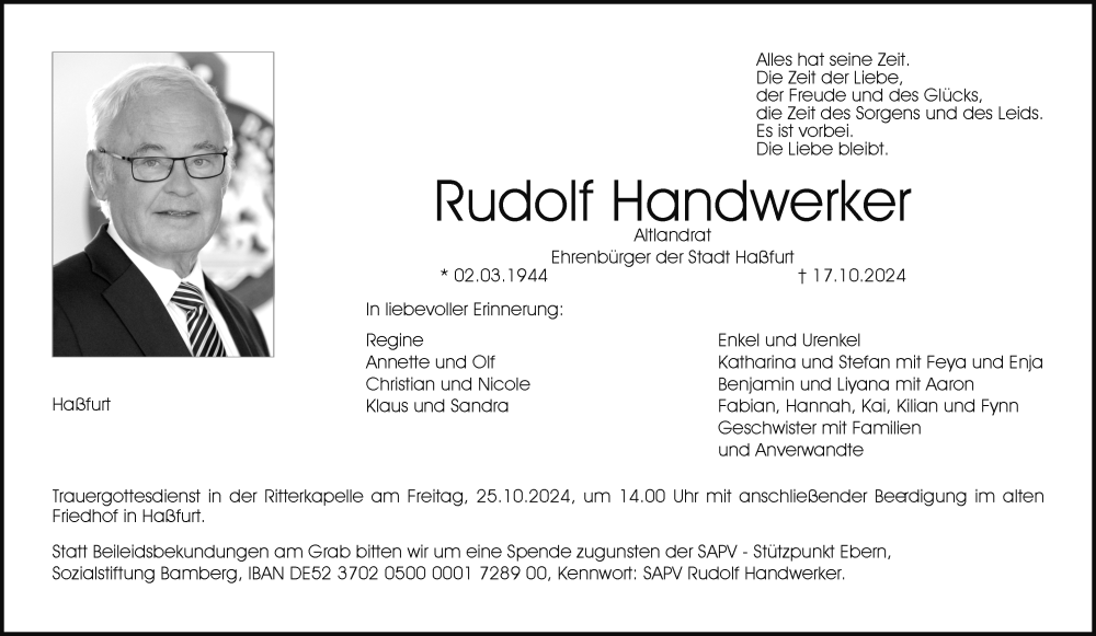  Traueranzeige für Rudolf Handwerker vom 24.10.2024 aus MGO