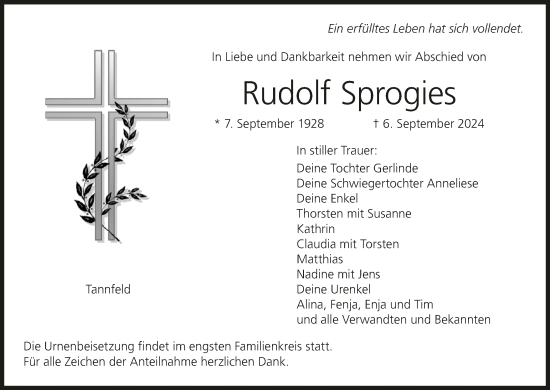 Anzeige von Rudolf Sprogies von MGO