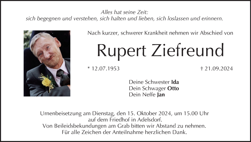  Traueranzeige für Rupert Ziefreund vom 12.10.2024 aus MGO