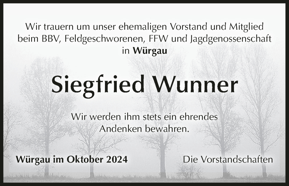  Traueranzeige für Siegfried Wunner vom 29.10.2024 aus MGO