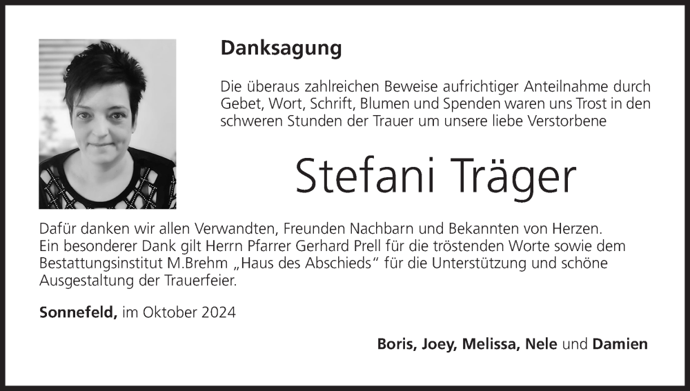  Traueranzeige für Stefani Träger vom 02.10.2024 aus MGO