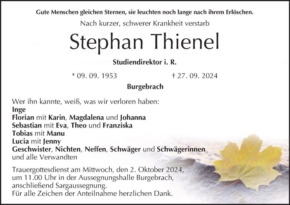  Traueranzeige für Stephan Thienel vom 01.10.2024 aus MGO