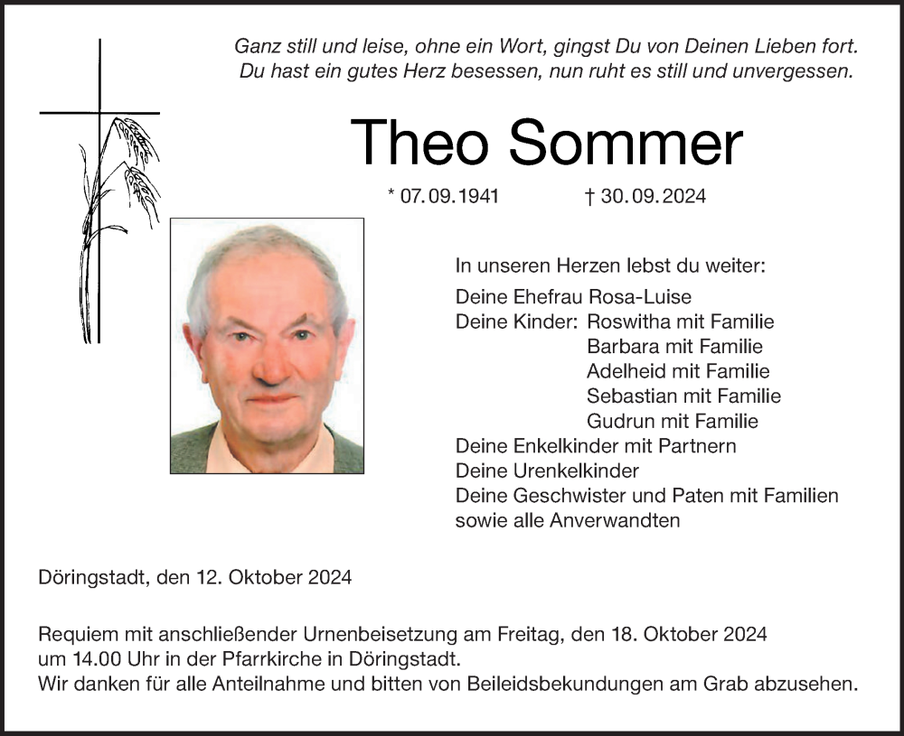  Traueranzeige für Theo Sommer vom 12.10.2024 aus MGO
