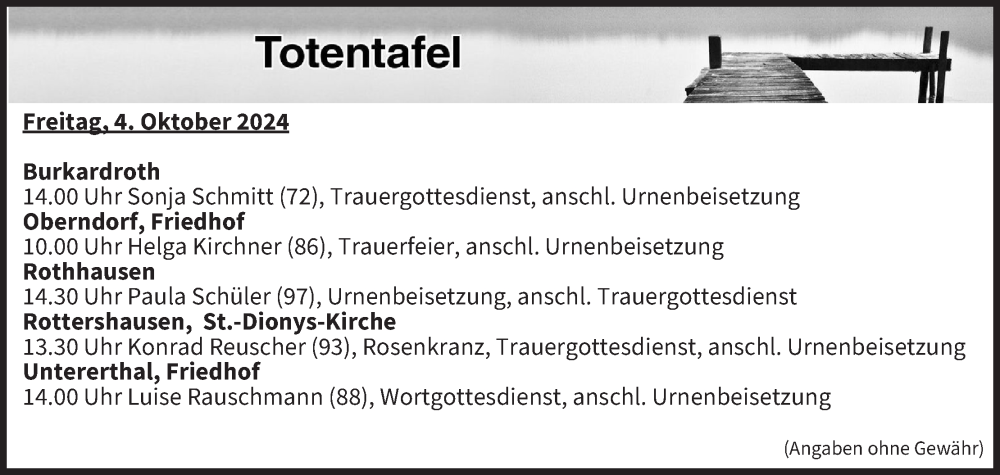  Traueranzeige für Totentafel vom 04.10.2024 vom 04.10.2024 aus MGO