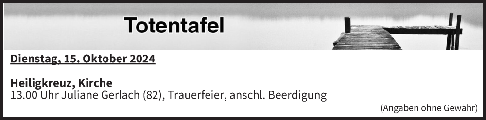  Traueranzeige für Totentafel vom 15.10.2024 vom 15.10.2024 aus MGO