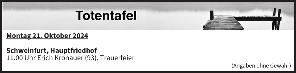 Traueranzeige für Totentafel vom 21.10.2024 vom 21.10.2024 aus MGO