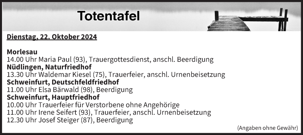  Traueranzeige für Totentafel vom 22.10.2024 vom 22.10.2024 aus MGO