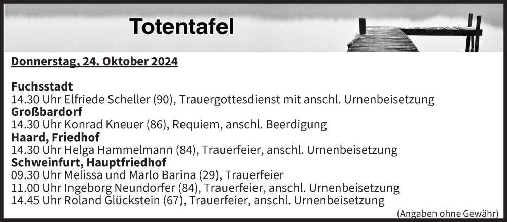  Traueranzeige für Totentafel vom 24.10.2024 vom 24.10.2024 aus MGO