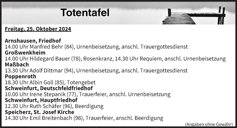  Traueranzeige für Totentafel vom 25.10.2024 vom 25.10.2024 aus MGO