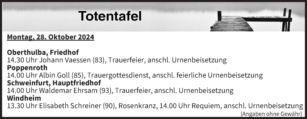  Traueranzeige für Totentafel vom 28.10.2024 vom 28.10.2024 aus MGO