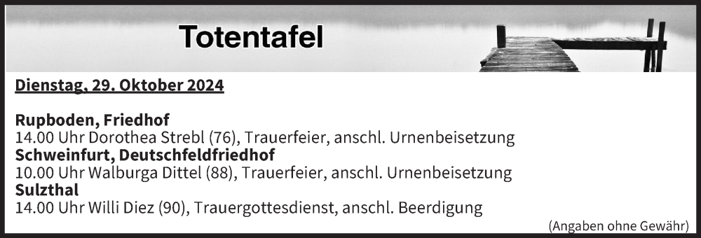 Traueranzeige für Totentafel vom 29.10.2024 vom 29.10.2024 aus MGO