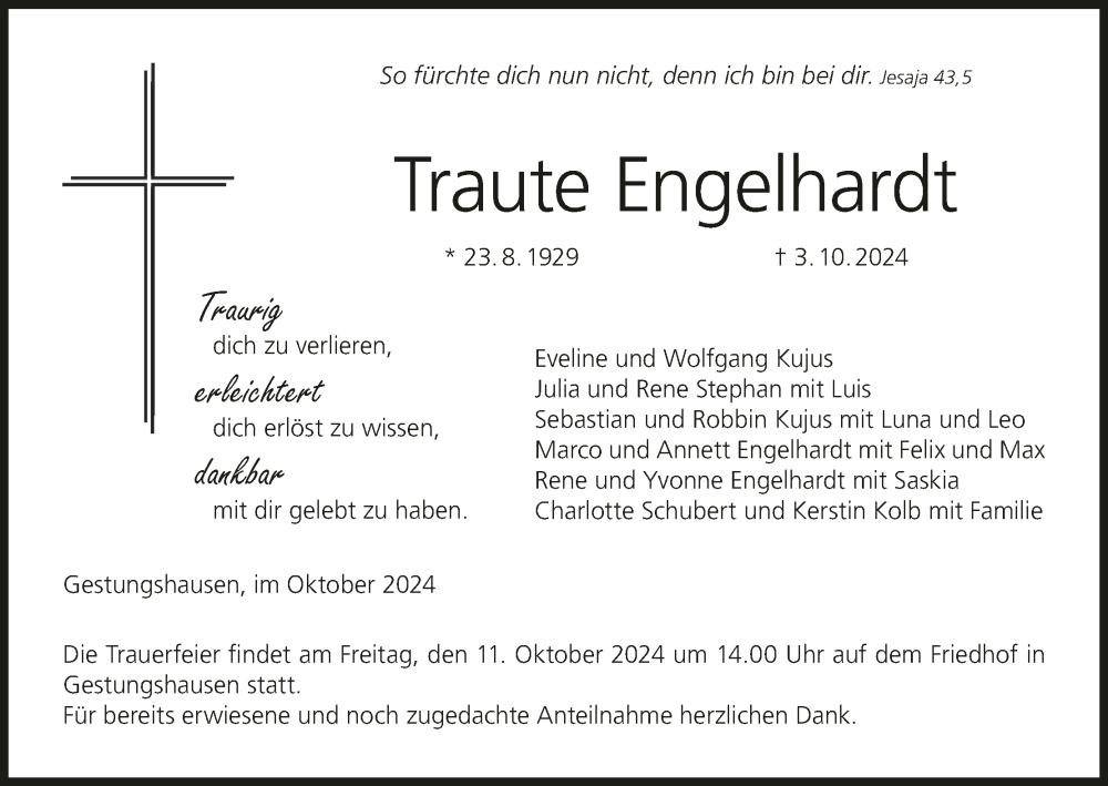  Traueranzeige für Traute Engelhardt vom 09.10.2024 aus MGO