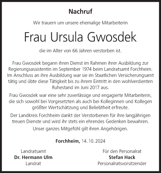 Anzeige von Ursula Gwosdek von MGO