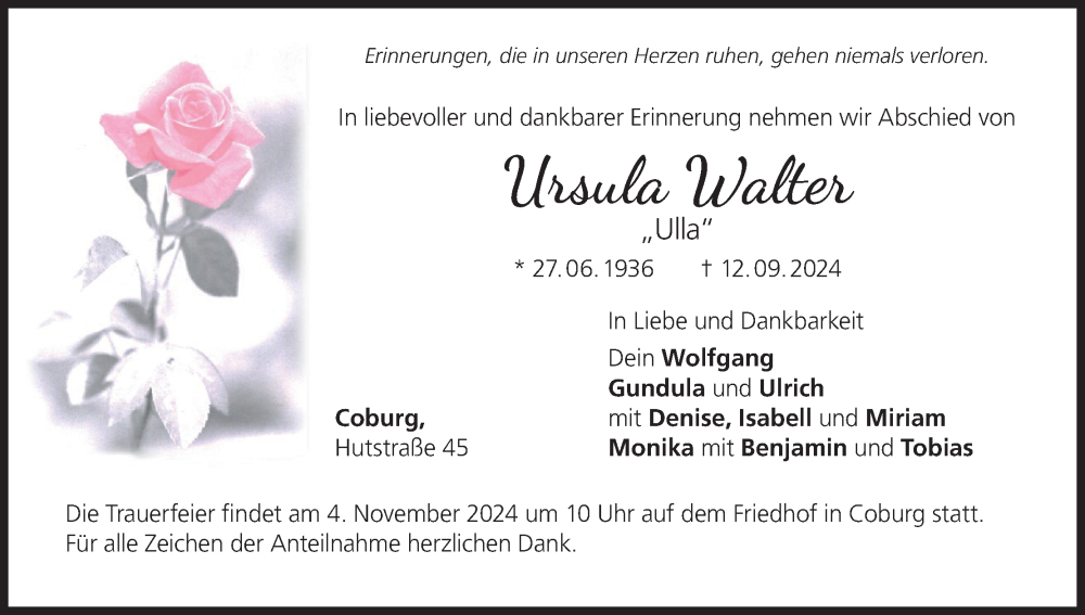  Traueranzeige für Ursula Walter vom 26.10.2024 aus MGO