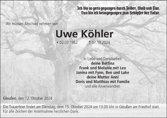 Anzeige von Uwe Köhler von MGO