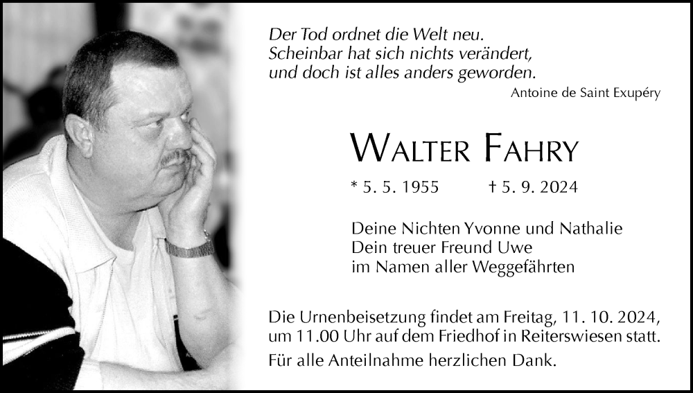  Traueranzeige für Walter Fahry vom 05.10.2024 aus MGO