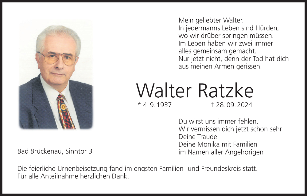  Traueranzeige für Walter Ratzke vom 12.10.2024 aus MGO