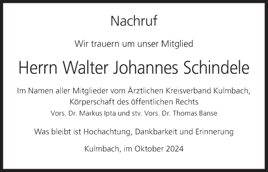 Anzeige von Walter Johannes Schindele von MGO