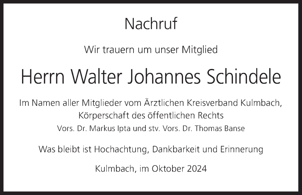  Traueranzeige für Walter Johannes Schindele vom 26.10.2024 aus MGO