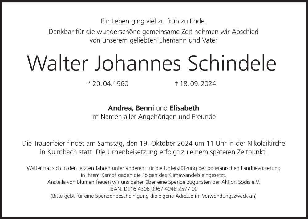  Traueranzeige für Walter Johannes Schindele vom 12.10.2024 aus MGO