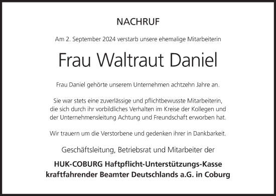Anzeige von Waltraut Daniel von MGO