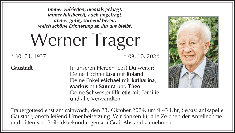  Traueranzeige für Werner Trager vom 19.10.2024 aus MGO