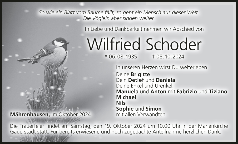  Traueranzeige für Wilfried Schoder vom 12.10.2024 aus MGO