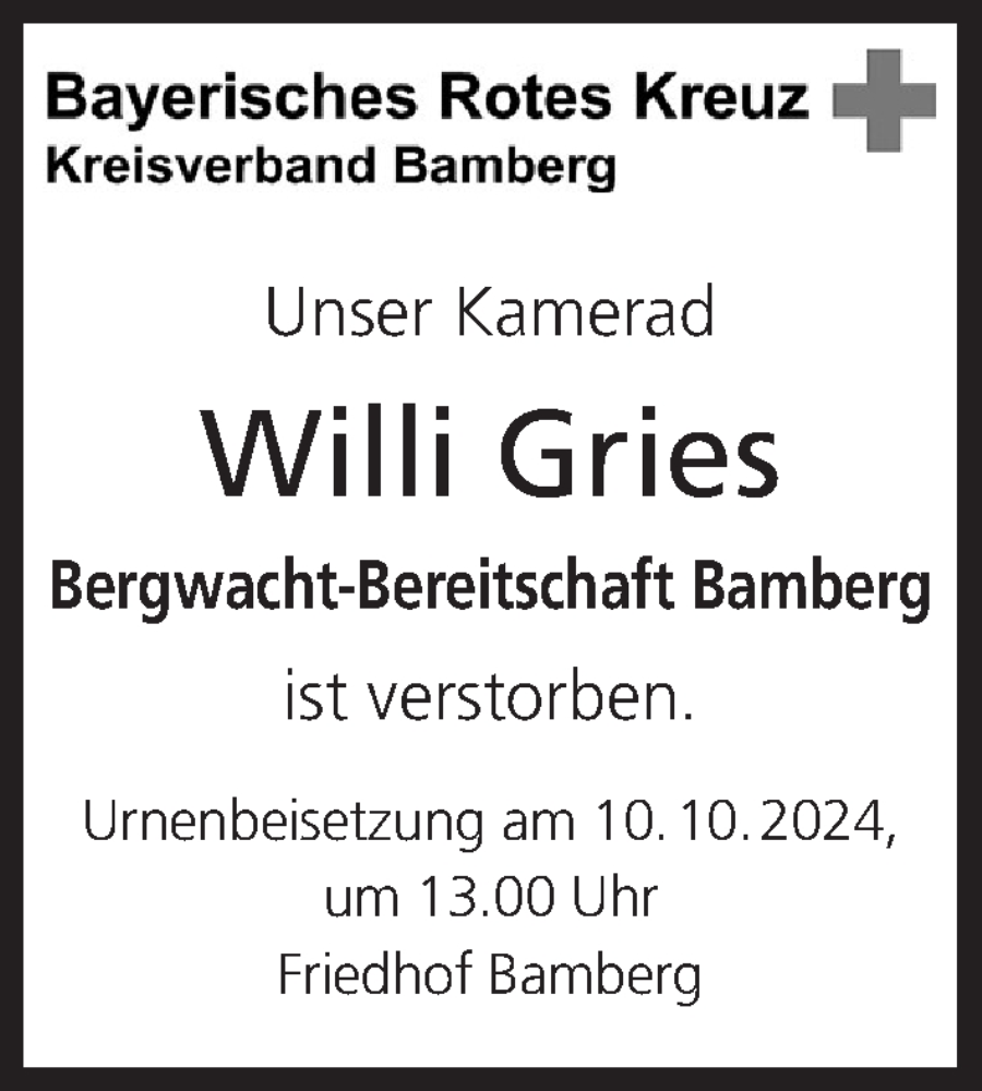  Traueranzeige für Willi Gries vom 05.10.2024 aus MGO