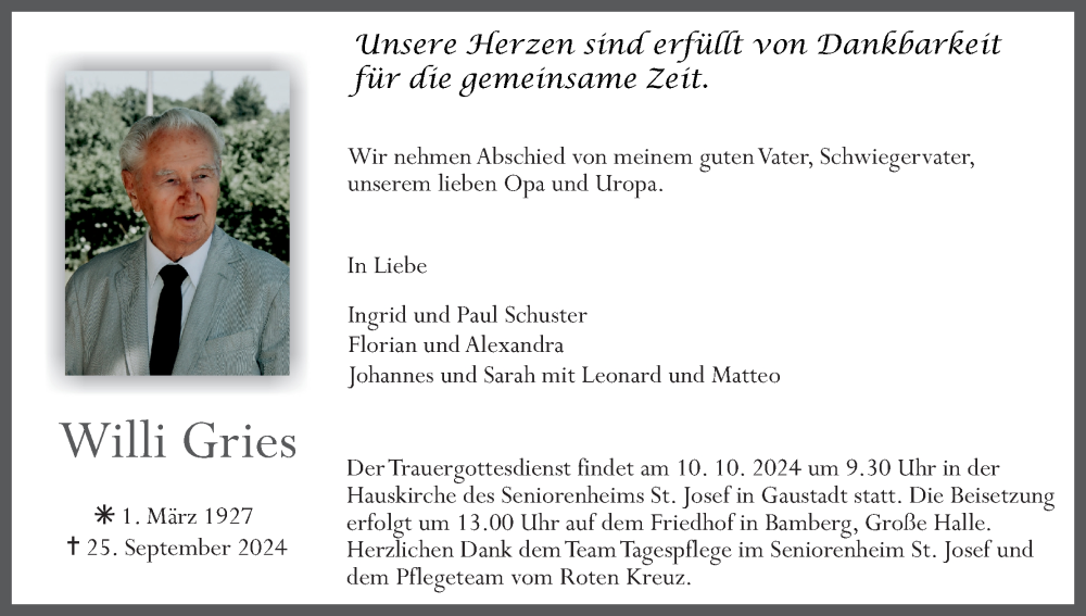  Traueranzeige für Willi Gries vom 05.10.2024 aus MGO
