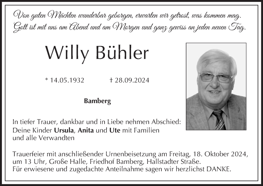  Traueranzeige für Willy Bühler vom 05.10.2024 aus MGO