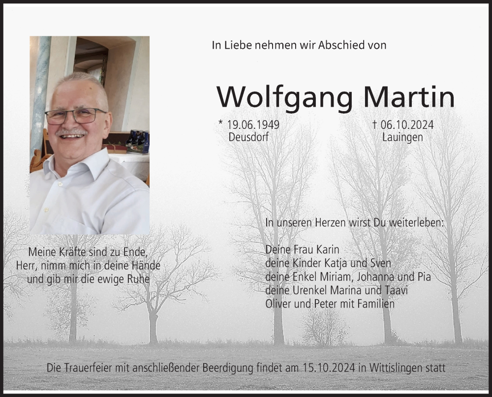  Traueranzeige für Wolfgang Martin vom 12.10.2024 aus MGO