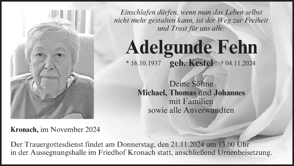  Traueranzeige für Adelgunde Fehn vom 16.11.2024 aus MGO