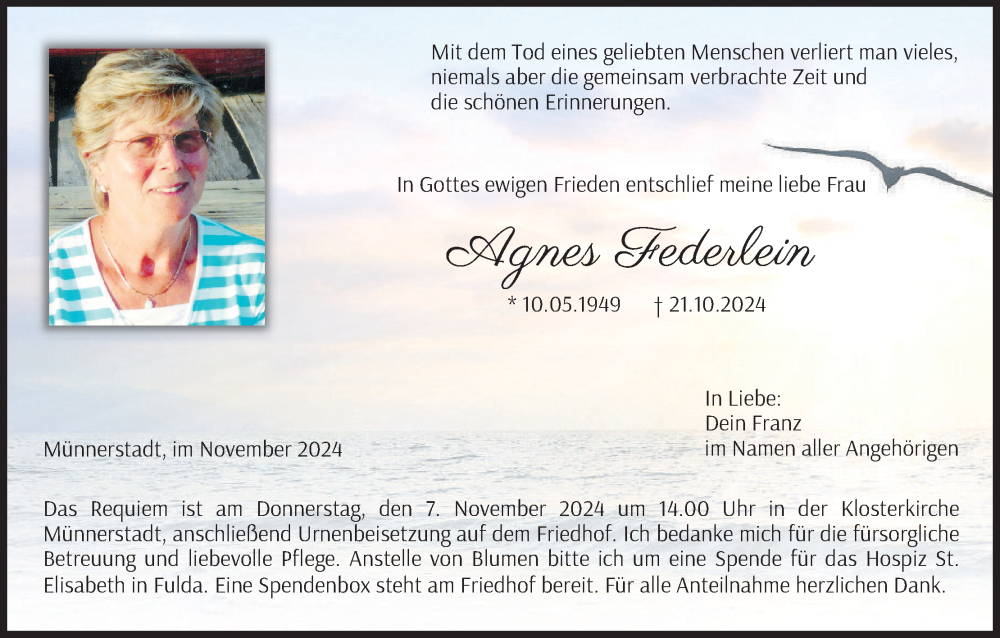  Traueranzeige für Agnes Federlein vom 02.11.2024 aus MGO