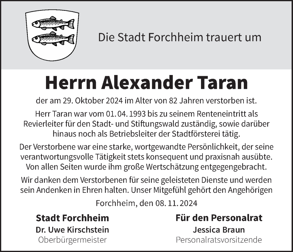  Traueranzeige für Alexander Taran vom 08.11.2024 aus MGO
