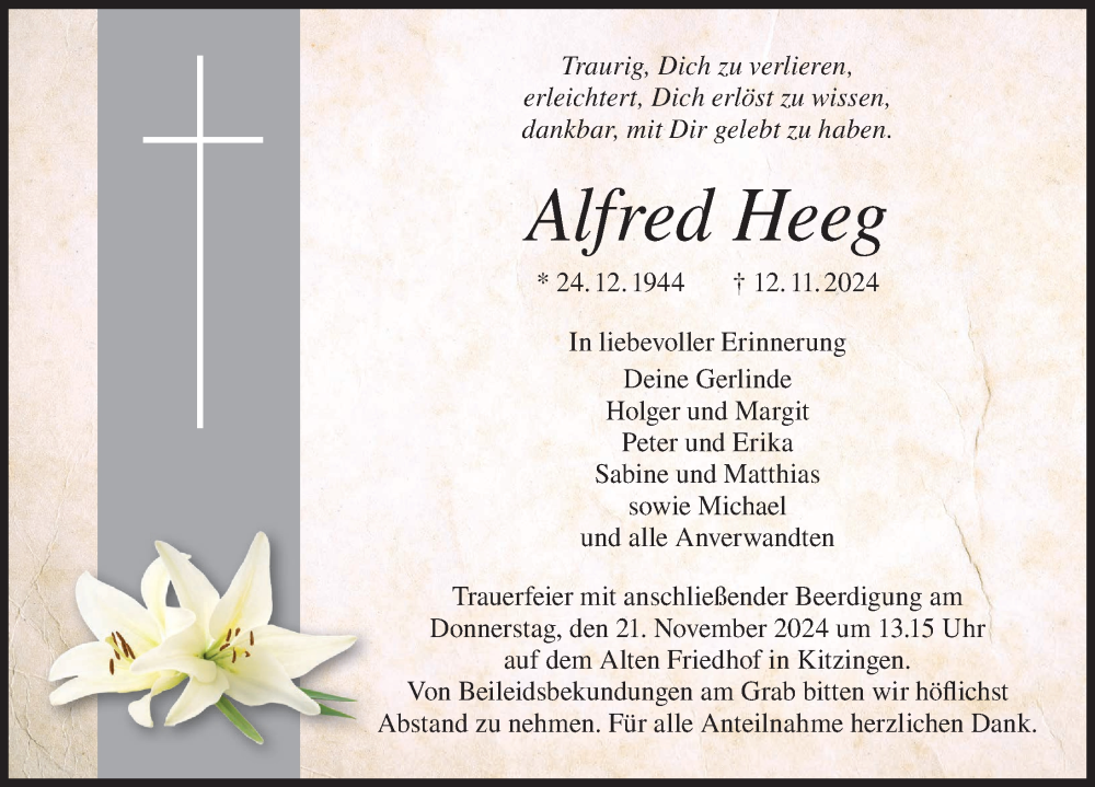  Traueranzeige für Alfred Heeg vom 18.11.2024 aus MGO
