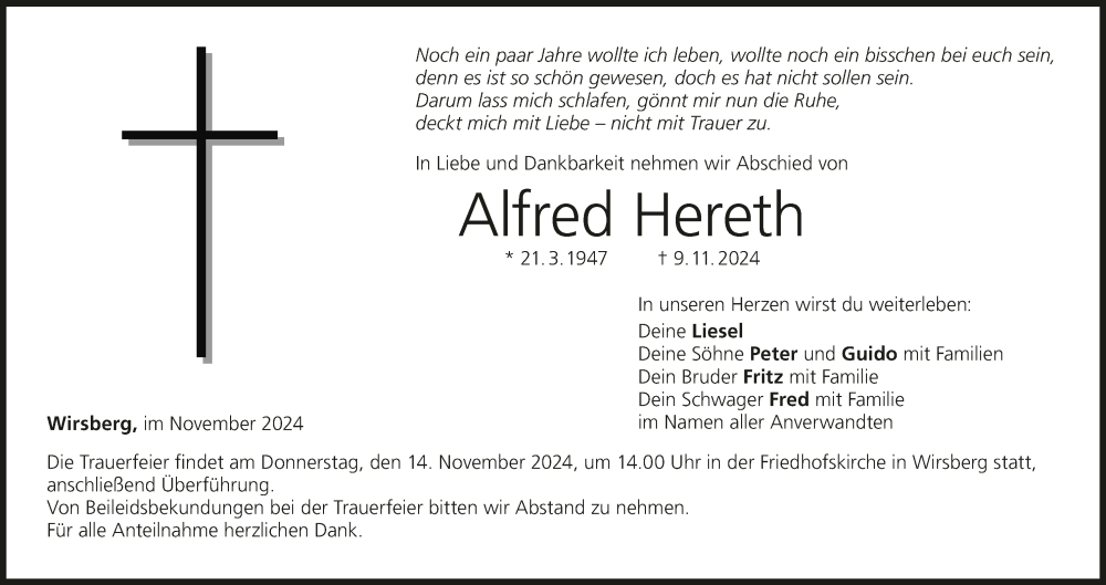  Traueranzeige für Alfred Hereth vom 12.11.2024 aus MGO