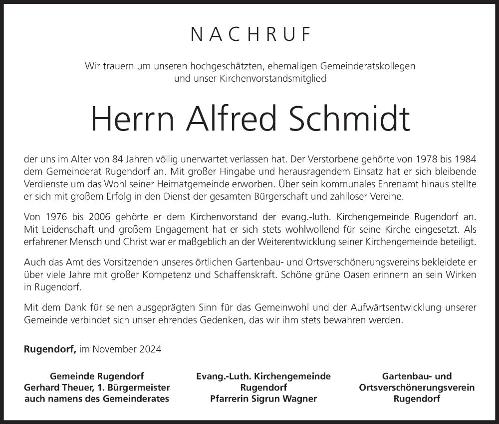 Traueranzeige für Alfred Schmidt vom 14.11.2024 aus MGO