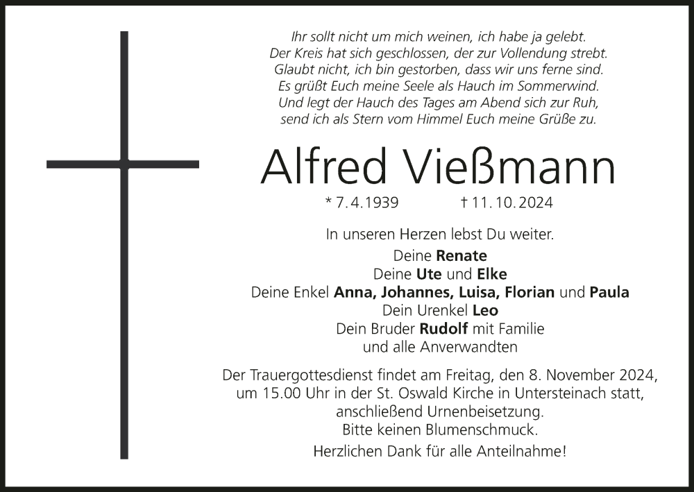  Traueranzeige für Alfred Vießmann vom 02.11.2024 aus MGO