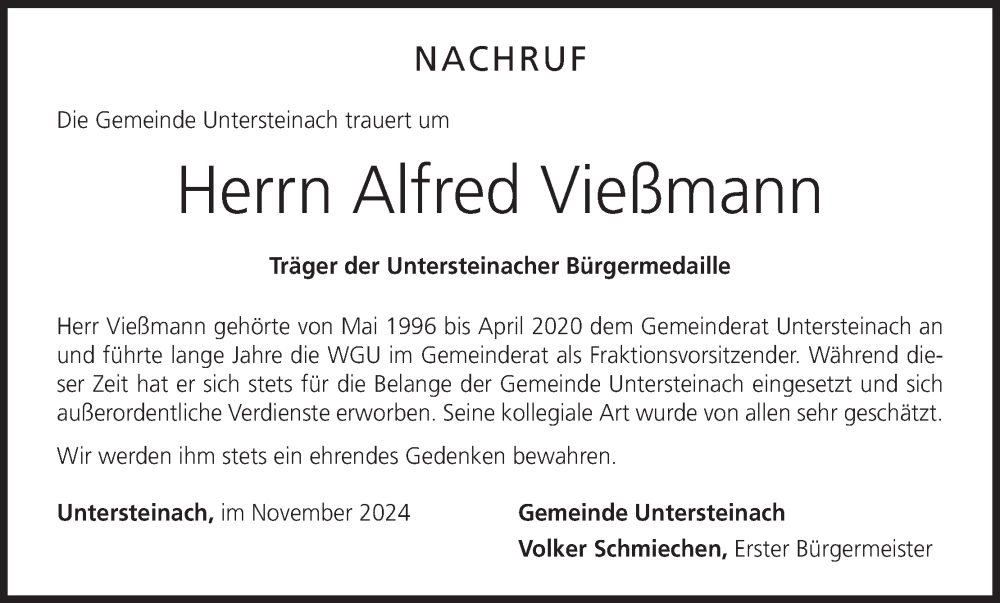  Traueranzeige für Alfred Vießmann vom 08.11.2024 aus MGO