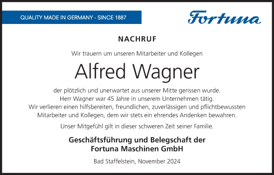 Anzeige von Alfred Wagner von MGO