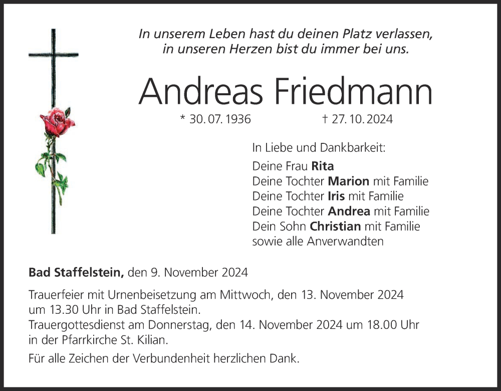  Traueranzeige für Andreas Friedmann vom 09.11.2024 aus MGO