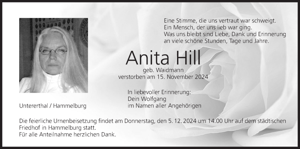  Traueranzeige für Anita Hill vom 30.11.2024 aus MGO