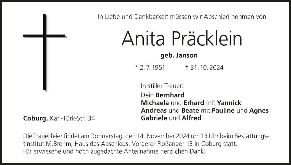  Traueranzeige für Anita Präcklein vom 09.11.2024 aus MGO