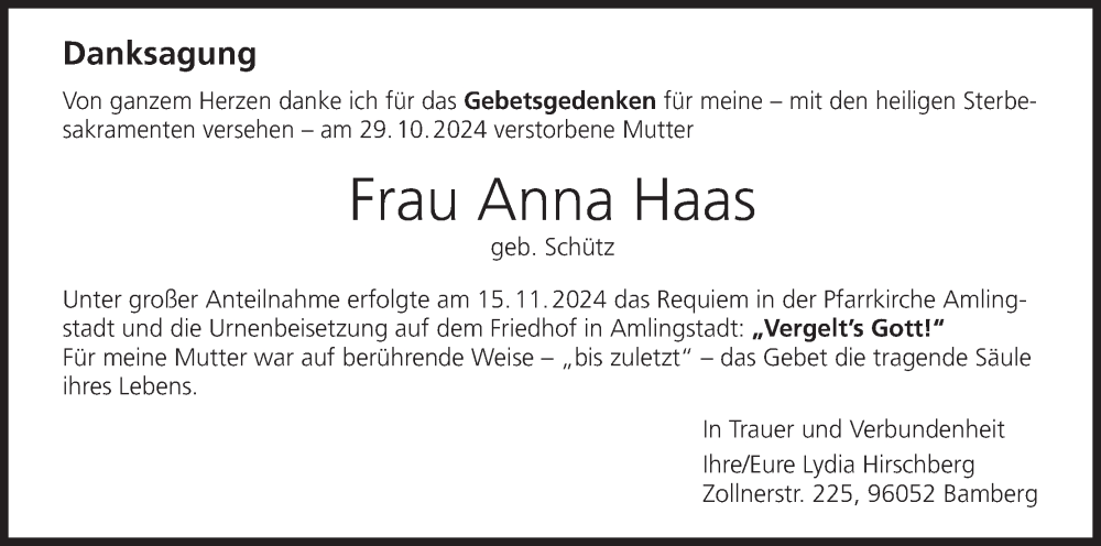  Traueranzeige für Anna Haas vom 23.11.2024 aus MGO